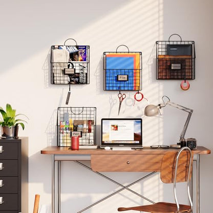 4 Packs Hanging Wall File Organizer with Hooks, Magazine Rack ,Mail Basket | Metal Wall Mounted File Holder Folder with Handles , Home Office Organization for Papers Book, No Assembly Required, Black