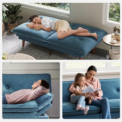 LINSY HOME Futon Sofa Bed, 70" Chenille Futon Couch with Adjustable Backrest Armrest, 3 in 1 Convertible Comfy Loveseat Sleeper Sofa Bed for Small Spaces Dorm Room Apartment Home Office, Blue