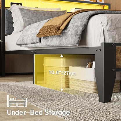 OLEVS Queen Size Bed Frame with Charging Station & LED Light, 2-Tier Storage Headboard & Footboard, Noise-Free Metal Platform Bed No Box Spring Needed, Easy Assembly - size: Queen