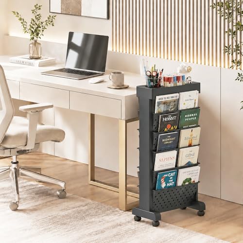 6-Tier Rolling Bookshelf Magazine Rack with Wheels Black | Mobile Bookcase, Book Storage File Folder Organizer Cart for Home Study Office Living Room Classroom - color: Black, size: 6-Tier 30.5"H