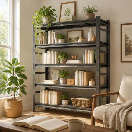 5 Tier Heavy Duty Metal Bookshelf, 3000LBS Industrial Bookcase with Adjustable Shelves, Boltless Storage Rack, Anti-Drop Fence, Convertible Steel Shelving Unit for Home Office, Garage, Living Room - size: 5 Tier-36"Wx 16"Dx 72"H