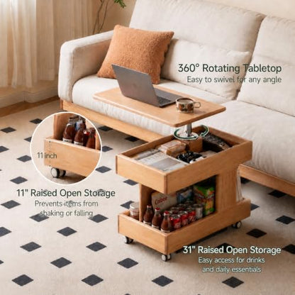 Small Lift Top Coffee Table with Wheels, Solid Wood Table with Storage | Lift top coffee table with hidden storage, rotating tabletop and wheels, designed for small spaces with no assembly required. - color: Natural