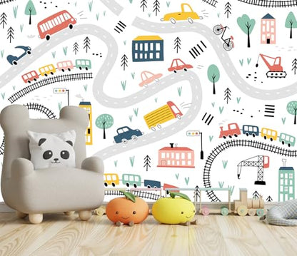 Kids Cartoon Wallpaper Car Roadmap Wall Mural | 151"x96", for Bedroom Living Room Bathroom, Textured Fabric, Not Peel and Stick - color: Mural 06, size: 151" x 96"