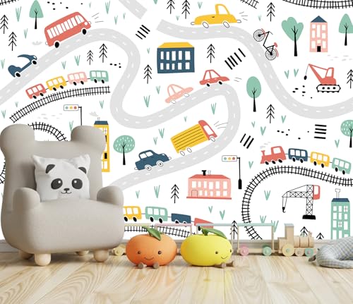 Kids Cartoon Wallpaper Car Roadmap Wall Mural | 173"x108", for Bedroom Living Room Bathroom, Textured Fabric, Not Peel and Stick - color: Mural 06, size: 173" x 108"