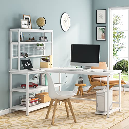 Tribesigns 55" Computer Desk Large Office Desk Study Table (All White) | L-Shaped Writing Desk Workstation with Hutch, Wireless Charging, Open Storage Shelves, and Movable CPU Stand for Home Office - color: All White
