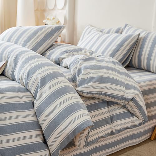 Blue Striped Duvet Cover Set Twin, 100% Washed Cotton Chic Stripes Pattern Printed Bedding Set Twin, 3 Pieces Soft Breathable Duvet Cover Farmhouse Retro Striped Comforter Cover with Zipper Closure - color: 08# Blue Striped, size: Twin(68"x86")