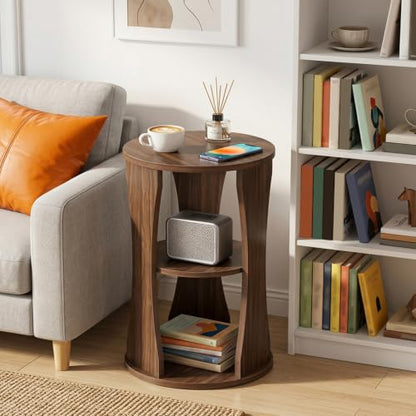 Round Side Table, 3-Tier Small End Table with Storage Shelves, Wooden Accent Table for Living Room, Bedroom, Walnut ET15WL - color: Walnut