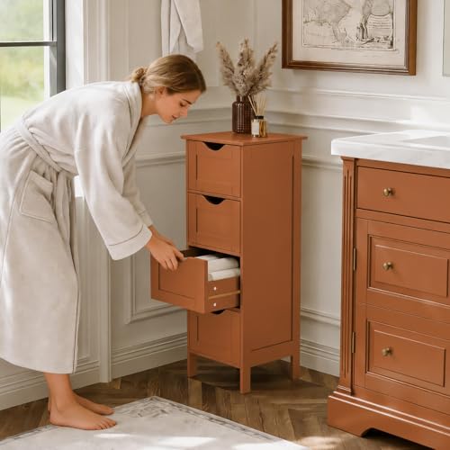 Bonnlo Skinny Bathroom Floor Storage Cabinet,White 12 Inch Wide Deep Small Storage Organizer with 4 Drawers, Brown Wooden Modern Thin Free Standing Tower Cabinet for Bathroom, Living Room - color: Brown