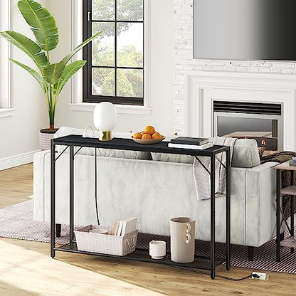 MAHANCRIS 43.7" Console Table with Outlet, Narrow Sofa Table with Shelf | 2 Tier Behind Couch Table, Charging Station, Steel Frame, for Entryway, Living Room, Foyer, Hallway, ofice, Black CTHB11E01N1 - color: Black
