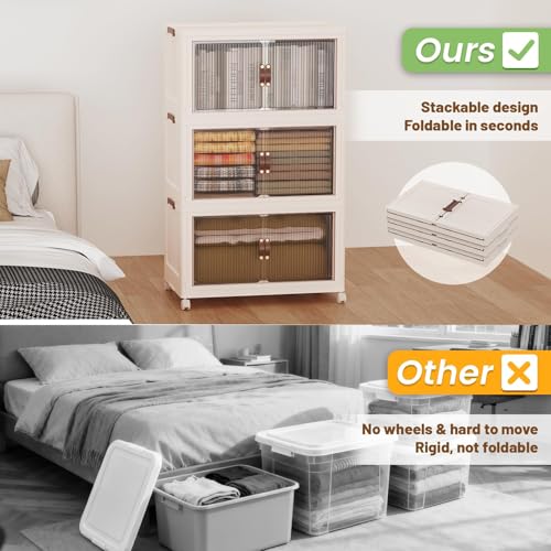 SAILUN 381Qt Extra Large Stackable Storage Bins Folding Collapsible Storage Bins with a Lid, Closet Organizers and Storage Blush White 28" W x 17" D x 46" H | Stackable Storage Drawers with Lids,28" W x 17" D x 46" H,Featuring open-front Access for Clothe