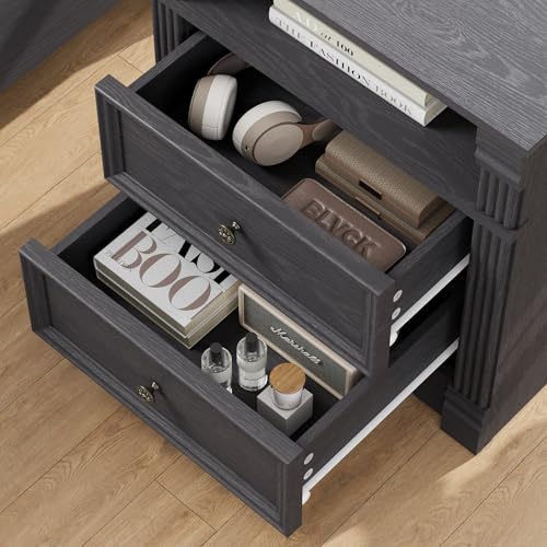 Grey Nightstand with Charging Station, Farmhouse Bedside Table, End Table with 2 Drawers and Chic Wood Pilasters Design, Wood Side Table with Metal Handles for Bedroom, Living Room - color: Grey, size: 15.7"D x 22"W x 23.6"H (2 Drawers)
