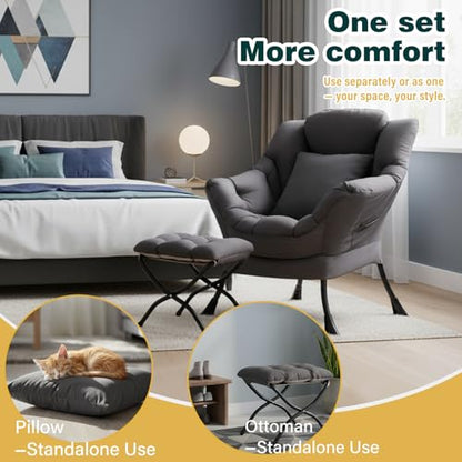 Lazy Chair with Ottoman, Comfy Reading Chair for Bedroom，Grey | Comfy Bedroom Accent Chair with Washable Removable Cover and extra throw pillow for Living Room Dorm - color: Peach Dark Grey-1