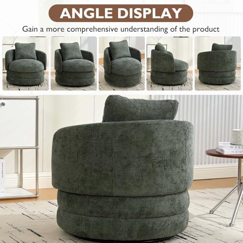 Round Swivel Barrel Chair with Comfy Pillow, Beige Small Accent Chair with Curved Backrest, Modern Upholstered Armchair & Chenille Barrel Accent Chairs for Living Room Bedroom Office (Green) - color: Green