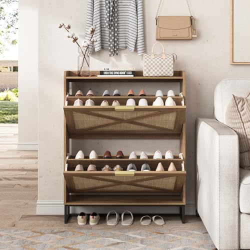 Maupvit Shoe Storage Cabinet with 2 Rattan Flip Drawers, Freestanding Organizer with Metal Legs for Entryway, Narrow Shoe Rack Cabinet, Hidden Golden Handles, Rustic Oak Rattan - color: Rustic Oak Rattan, style: 2-Drawers