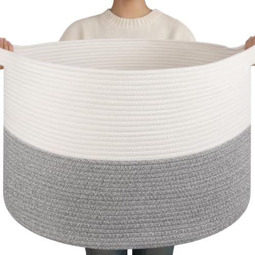 OIAHOMY 90L XXXLarge Blanket Basket for Living Room, 21.7" x 13.8" Woven Cotton Rope Laundry Basket for Organizing Pillows, Decorative Stuffed Animal Toy Storage for Nursery, White and Light Grey - color: White and Light Grey, size: 21.7"D x 13.8"H