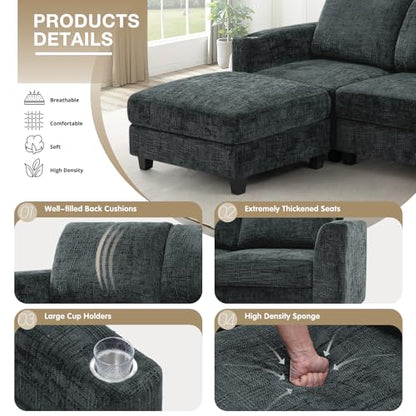 87" Chenille 3 Seater Couch with Soft Ottoman, Grey | L-Shape Sectional Sofa with Durable Cup Holders, Upholstered Sofa with Comfy Backrests for Living Room, House - color: Grey, size: 87" L-Shape