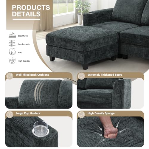 87" Chenille 3 Seater Couch with Soft Ottoman, Grey | L-Shape Sectional Sofa with Durable Cup Holders, Upholstered Sofa with Comfy Backrests for Living Room, House - color: Grey, size: 87" L-Shape