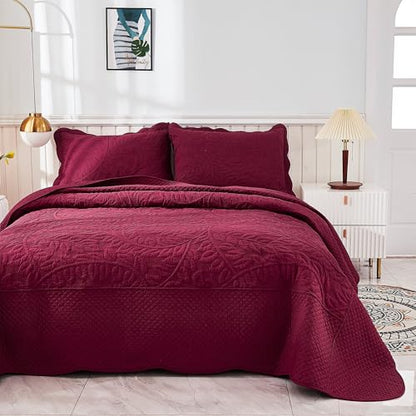 MarCielo 100% Cotton Quilt Set - 3-Piece Embroidered Farmhouse Bedspread & Shams, All-Season Breathable Bedding(Wine Burgundy,Queen (98" x 90")) - color: Wine Burgundy, size: Queen (98" x 90")