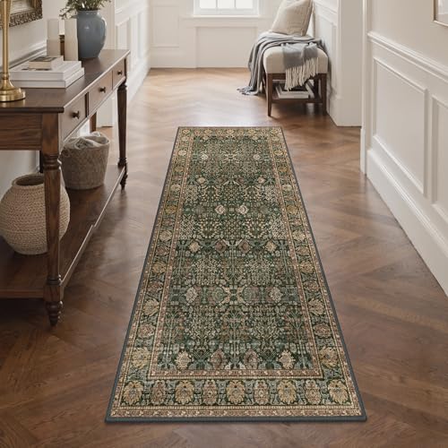 2x5 Kitchen Runner Rug, Washable Non Slip, Dark Green Brown | Vintage Floral Design, Spill Resistant Lightweight Low Pile Carpet for Hallway, Bedroom, Laundry Room, Bathroom - color: Dark Green Brown, size: 2' x 5' (Rectangular)