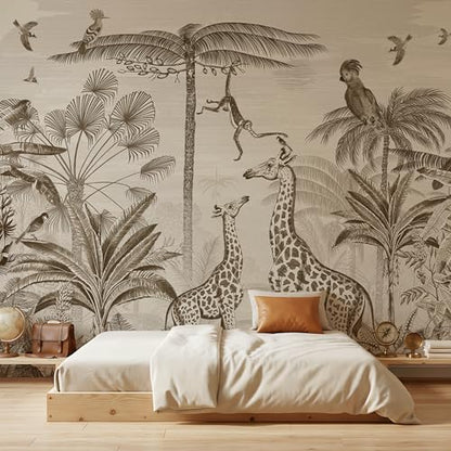 ASJ Kids Nursery Peel and Stick Wallpaper Mural, Safari Giraffe Sepia | Seamless edge-to-edge match. Monkey & birds etching artwork, 118x78 in, premium fabric, boys girls room playroom. - color: Sepia, size: 118" x 78"