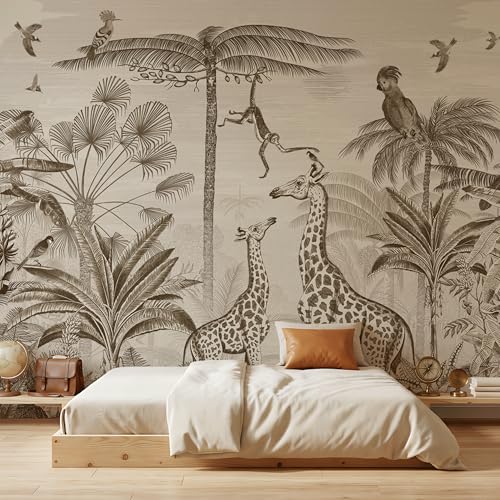 ASJ Kids Nursery Peel and Stick Wallpaper Mural, Safari Giraffe Sepia | Seamless edge-to-edge match. Monkey & birds etching artwork, 165x100 in, premium fabric, boys girls room playroom. - color: Sepia, size: 165" x 100"