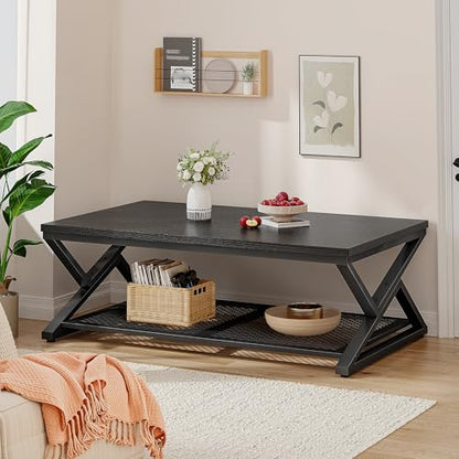 EnHomee Coffee Table, Storage & Shelf, X-Frame Stability, Black Oak | Families, Wood & Metal, Holds Magazines & Drinks, Modern Design, Living Room, 47.2“ - color: Black Oak, size: 47.2 Inch
