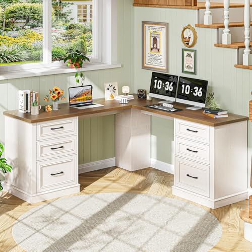 Vabches Farmhouse 59" L-Shaped Executive Desk with File Drawer,Unique White | Wood Corner Desk Sturdy Writing Workstation with Storage Drawers, Rustic Computer Writing Desk for Home Office & Study