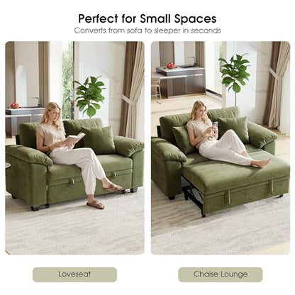 61” Pull Out Couch, 2 in 1 Sleeper Sofa Bed with Throw Pillow, Convertible Small Loveseat Sleeper Couch for Living Room, Bedroom, Apartment (Green) - color: Green, size: 2 Seat Sleeper