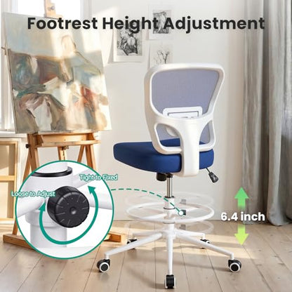 Armless Drafting Chair Tall Office Chair for Standing Desk - Adjustable Height Mesh Ergonomic Stool with Foot Ring, Rolling Counter Height Computer Chair for Small Spaces & Home Office - color: Klein Blue