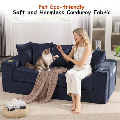 76" Convertible Sofa Bed, Corduroy Boneless Couch with Cup Holders & Pocket | 2-in-1 Sleeper Sofa, Pull-out Couch Bed with 5 Pillows, Living Room, Small Spaces, Bedroom, No Assembly - color: 76" Blue