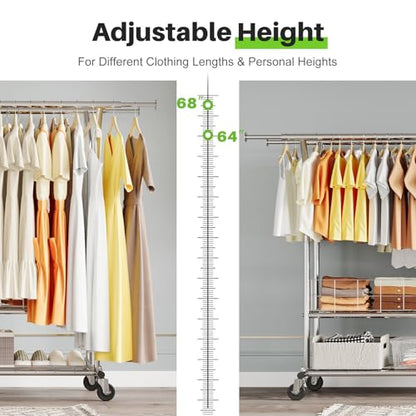 HOKEEPER Heavy Duty Clothes Rack Load 635 LBS, Double Rod with Metal Basket | Adjustable Clothing Rack, Rolling Garment Rack with Wheels for Bedroom, Living Room, Large Storage Space, 21.6"Dx71"Wx68"H - color: Silver