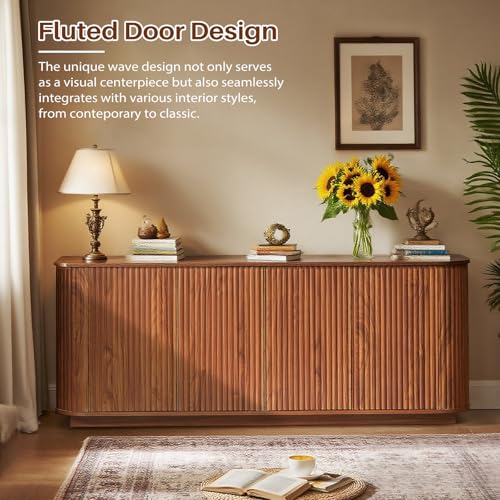 Fluted TV Stand for TVs Up to 75 Inch, Walnut Mid Century Modern TV Console for Living Room, Entertainment Center with Storage, Wood Media Console Cabinet - color: Walnut
