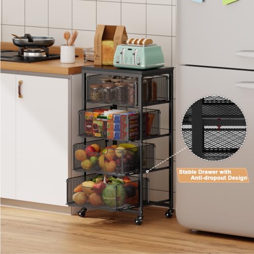 4-Tier Fruit Vegetable Storage Cart - Kitchen Organizer and Storage Cart with Wheels, Wooden Top Metal Wire Fruit Vegetable Rack Stand with Drawers to Storage Cans Snacks for Kitchen(Patent Pending) - size: 4-Tier