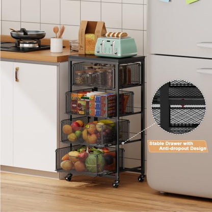 4-Tier Fruit Vegetable Storage Cart - Kitchen Organizer and Storage Cart with Wheels, Wooden Top Metal Wire Fruit Vegetable Rack Stand with Drawers to Storage Cans Snacks for Kitchen(Patent Pending) - size: 4-Tier