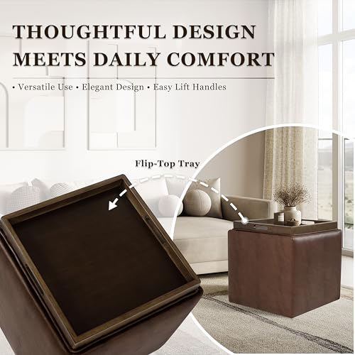 HomePop 17.5" Storage Ottoman with Tray Top - Brown Faux Leather - color: Brown Faux Leather