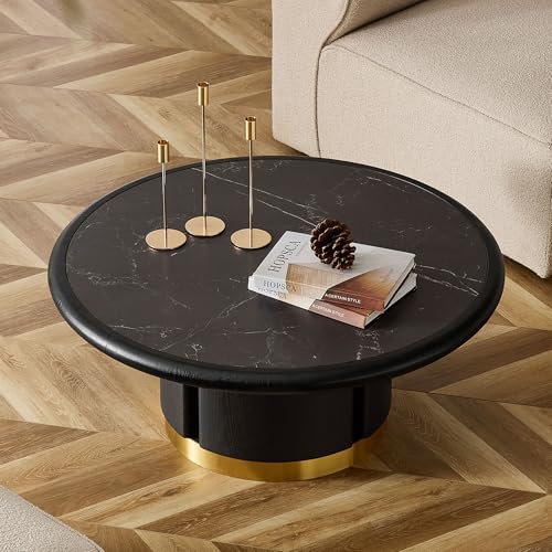 35.43" Round Coffee Table with Sintered Stone Tabletop & Cylindrical Stainless Base, Modern Circle Center Table Tea Table for Living Room, Easy Assembly - Black - color: 35.43" Coffee Table With Sintered Tabletop, Black