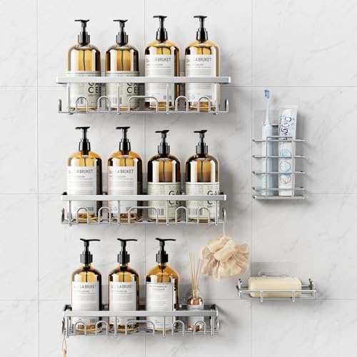 Shower Caddy, 5 Pack Shower Shelves for Inside Bathroom, Rustproof Adhesive Bathroom Organizer with Soap Holder, No Drilling Washroom Organizers and Storage for Bathtub Room/Kitchen, Silver - color: Silver, size: 5-pack