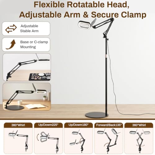 12X Magnifying Glass with Light, 3-in-1 LED Desk Lamp with Base Clamp & Floor Stand, 5 Color Modes Stepless Dimmable LED, Hands Free Magnifier for Reading, Crafts, Painting, Close Work