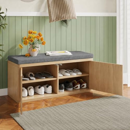 Shoe Cabinet Bench with Cushion,Double Layered Wooden Shoe Bench with Soft Cushion,Shoe Rack for Entryway,Bedroom,Living Room - color: 2 Door Oak Sturdy Shoe Bench