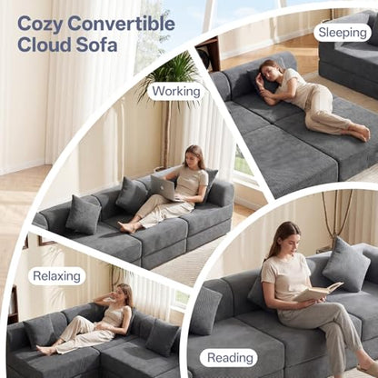 112" L Shaped Modular Sectional Sofa with Ottoman, Cloud Boneless Couch Deep Seat with 4 Pillows, Oversized Folding Sofa Bed Couches for Living Room Bedroom,No Assembly-Grey - color: Grey, size: 4 Seat