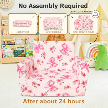 Kids Couch, 2-in-1 Kids Fold Out Couch | Convertible Sofa to Lounger for Girls and Boys, Soft Toddler Chairs Comfy 1-3 Years Old, Pink Bow - color: Pink Bow