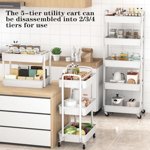 Sywhitta 5-Tier Plastic Rolling Utility Cart with Wheels for Storage,White | Multi-Functional Storage Trolley, for Office, Living Room, Kitchen, Bathroom,Movable Organizer,Space-Saving,Easy to assemble - color: White, size: 5-tier