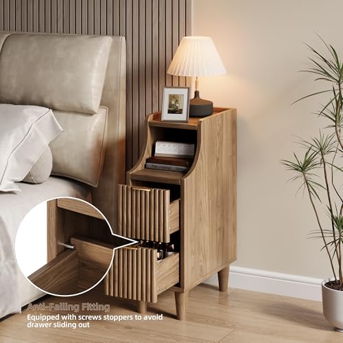 Fluted Nightstands Set of 2,Narrow Bedside Table with 2 Drawers & Storage, Farmhouse Walnut End Table Modern Side Table for Bedroom Livingroom Sofa Office - color: Walnut,7.9" With 2 Drawers