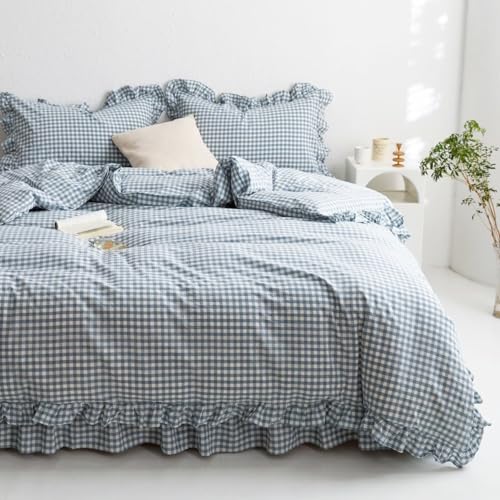 MKXI Blue and White Gingham Duvet Cover Twin Size, 3-Piece Bedding Set with Ruffles - 100% Soft Washed Cotton, Crisp Breathable - Nautical Coastal Classic Style Comforter Cover - color: 002 Ruffle- Blue Gingham, size: Twin