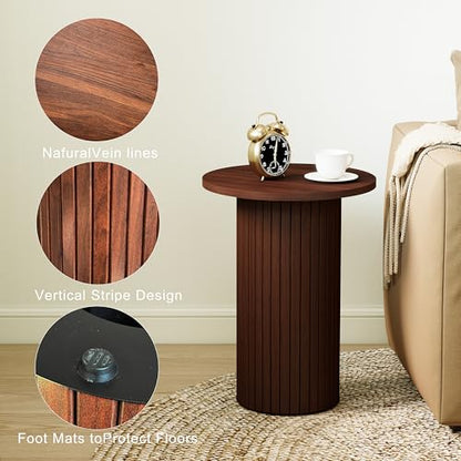 COVLON Round Side Table, Fluted Drum End Table, Tambour Accent Table | Mid Century Modern Nightstand & Wood Plant Stand for Small Spaces, Living Room, Bedroom, Home Office, Brown