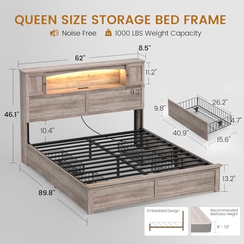 MSmask Farmhouse Queen Bed Frame with Bookcase and Storage Cabinets Headboard, Wood Platform Bed with LED Lights, Charging Station, 4 Drawers, Decoration Footboard, No Box Spring Needed, Grey - color: Grey, size: Queen
