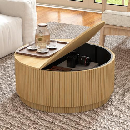 LEVNARY 31.5" Round Coffee Table with Storage, Boho Coffee Tables with Fluted Base, Wooden Circle Accent Center Table for Living Room Small Space Apartment Office (Natural) - color: Natural 31.5" Round Flip-top