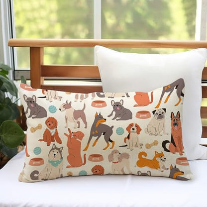 Fahrendom Cute Dogs Lumbar Decorative Rectangle Pillow Cover 12 x 20 | Puppy Golden Retriever German Shepherd Bulldog Porch Patio Pillowcase, Sofa Couch Cushion Case Home Decor Pet Owner Lover