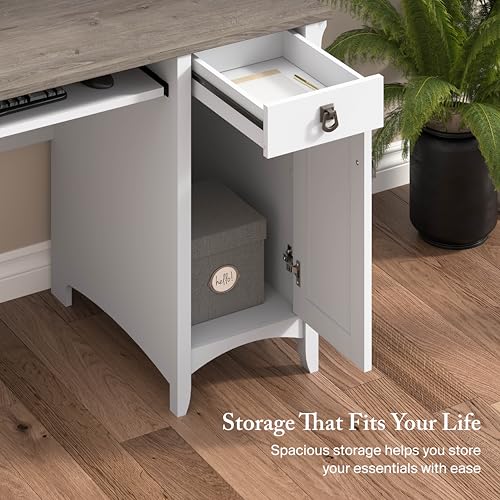 Bush Home Salinas Computer Desk with Hutch | Study Table with Drawers, Cabinets & Pullout Keyboard/Laptop Tray | Modern Home Office Desk in Pure White and Shiplap Gray | Work Desk with Storage - color: Pure White and Shiplap Gray