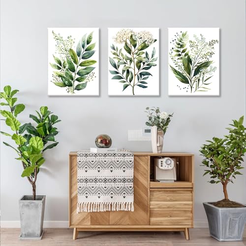 Bwodke Green Botanical Leaf Canvas Wall Art Set of 3, 12x16 inch | Modern Botanical Wall Decor, Sage Green Plant and Leaf Prints, Bedroom Bathroom Living Room Art - color: Fresh Green, size: 12"x16" Canvas